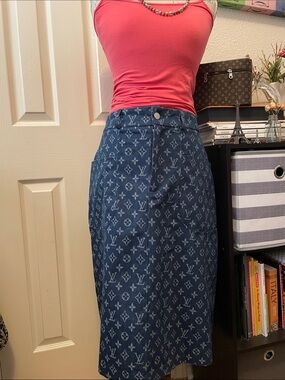 Beautiful Blue Monogram Denim Midi Fashion Skirt . Closet clearout no returns.